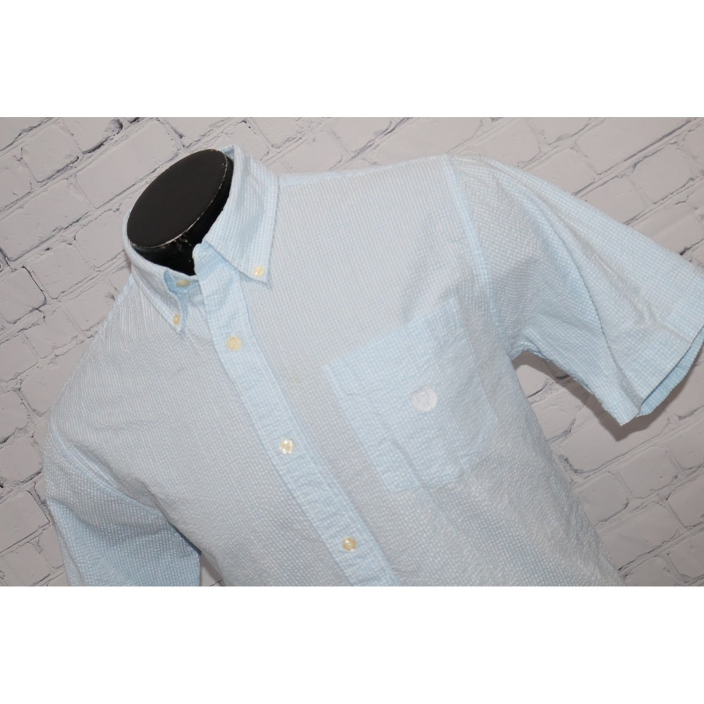 Chaps Button Down Men Medium Blue Seersucker Short Sleeve Gingham Plaid Pocket